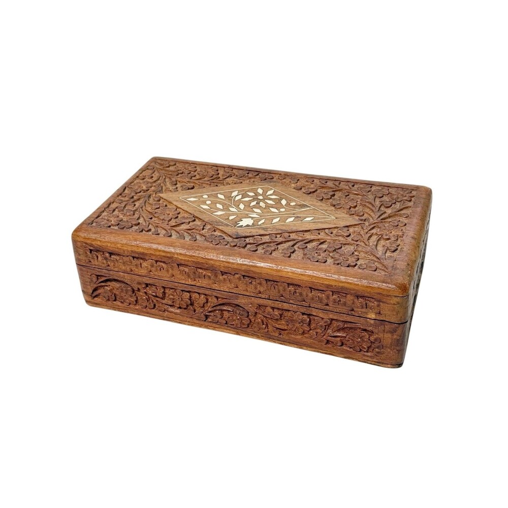 Vtg India Wood Hand Carved Box Floral Inlay Purple Lined Divider Trinket Jewelry